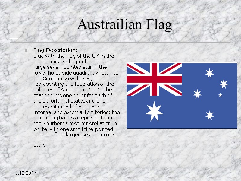 13.12.2017 Austrailian Flag Flag Description: blue with the flag of the UK in the